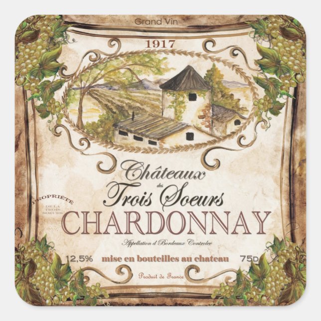 Adesivo Quadrado Vintage - Rótulo francês do vinho (Frente)