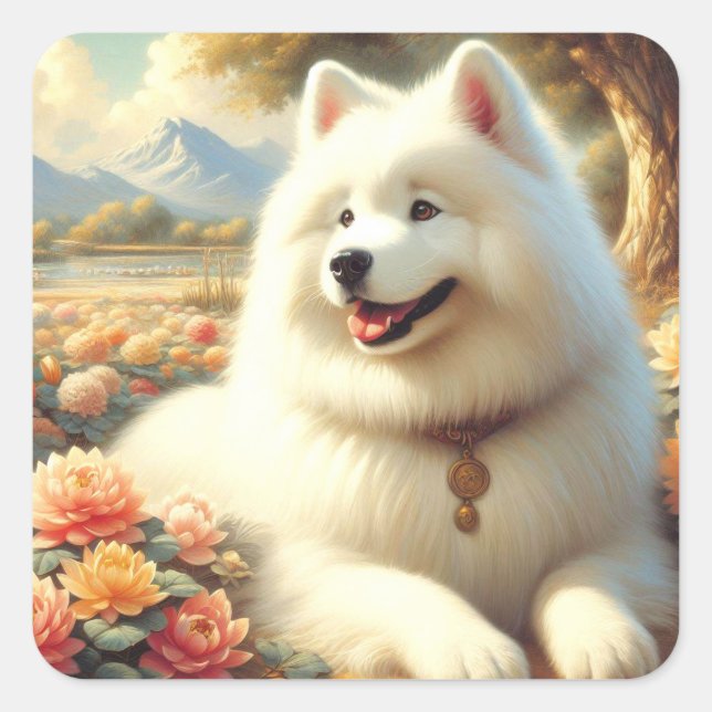Adesivo Quadrado Vintage Samoyed Dog Painting (Frente)