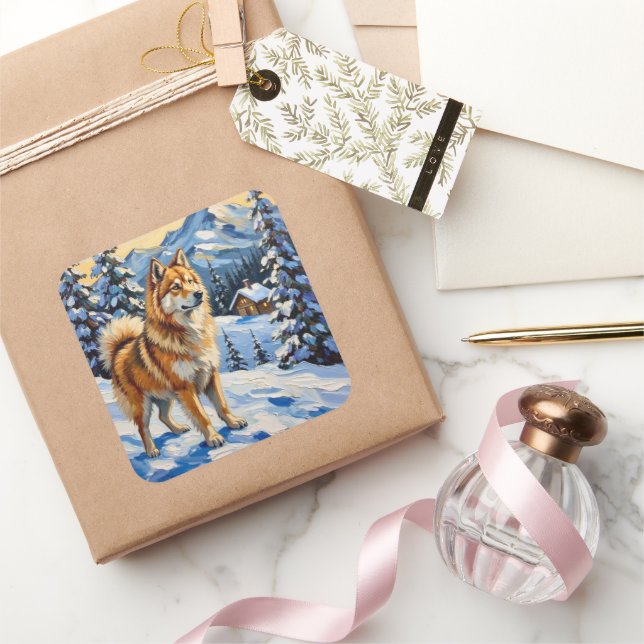 Adesivo Quadrado Vintage Samoyed in Alpine Christmas Landscape (Presentear)
