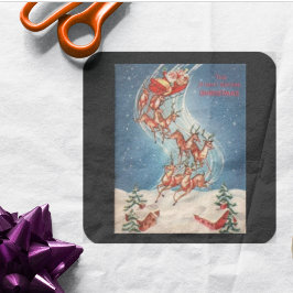 Adesivo Quadrado Vintage Santa Claus Sleigh e Reindeer Voando