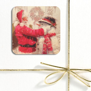 Adesivo Quadrado Vintage Santa Claus Snowman Natal