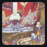 Adesivo Quadrado Vintage Science Fiction, a Cidade Perdida de Atlan<br><div class="desc">Vintage ilustration science fiction image apresenta mulheres alienígenas olhando para uma cidade futurista com uma fonte de água no centro, aliens com lagartos para animais de estimação, arquitetura grega ou romana e uma lua enorme ao fundo. Pode ser a cidade perdida de Atlantis! Uma cena de ficção científica retrógrada do...</div>