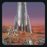 Adesivo Quadrado Vintage Science Fiction, Astronautas Beetle Aliens<br><div class="desc">Imagem de vintage: viagem de ficção científica futurista e imagem de foguete de transporte. Astronautas correndo até seu foguete escapando de aliens em forma de besouro em um planeta estrangeiro tentando voltar para a terra. Um clássico design de ficção científica de quadrinhos retrógrados do 50 do futuro.</div>