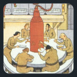 Adesivo Quadrado Vintage Science Fiction, Cientistas Labratórios Co<br><div class="desc">Ilustração Vintage Science Fiction futurística image laboratorial com um grupo de cosmonautas russos,  cientistas ou astronautas com intervalo jante. Eles estão comendo sua sopa de farinha líquida de grandes tubos. A sua comida inclui vitaminas,  hormonas e calorias! Design de ficção científica com retrô clássico de quadrinhos.</div>