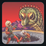 Adesivo Quadrado Vintage Science Fiction Giant Centipede Insect War<br><div class="desc">Ilustração vinda de aliens futuristas e robôs imagem de ficção científica. Uma cena clássica de ficção científica em quadrinhos retrô,  com astronautas com armas laser lutando e batendo num monstro enorme. Um inseto assustador de centípede com 100 patas!</div>