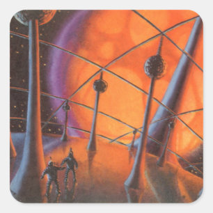 Adesivo Quadrado Vintage Science Fiction, Orange Sun e Aliens