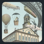 Adesivo Quadrado Vintage Science Fiction, Victorian Steam Punk City<br><div class="desc">Imagem de viagem de ilustração venenosa e de transporte de ficção científica futurista apresentando pessoas viajando por dirigíveis,  balões de ar quente,  um trem invertido e um antigo automóvel convertível em uma metrópole vitoriana,  punk a vapor,  retrógrada à metrópole urbana.</div>
