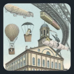 Adesivo Quadrado Vintage Science Fiction, Victorian Steam Punk City<br><div class="desc">Imagem de viagem de ilustração venenosa e de transporte de ficção científica futurista apresentando pessoas viajando por dirigíveis,  balões de ar quente,  um trem invertido e um antigo automóvel convertível em uma metrópole vitoriana,  punk a vapor,  retrógrada à metrópole urbana.</div>