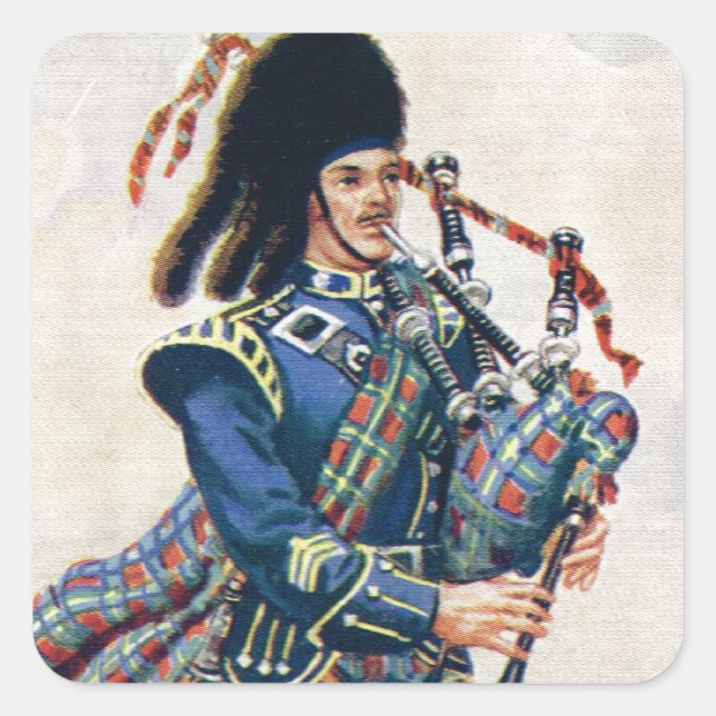 Adesivo Quadrado Vintage Scotland, Siga os Bagpipe (Frente)