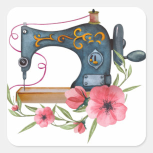 Adesivo Quadrado Vintage Sewing Machine com Flores Rosa