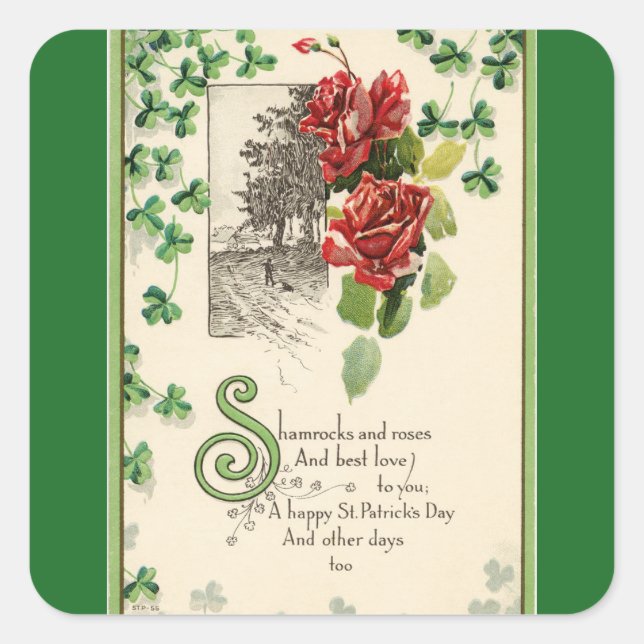 Adesivo Quadrado Vintage Shamrocks E Rosas (Frente)