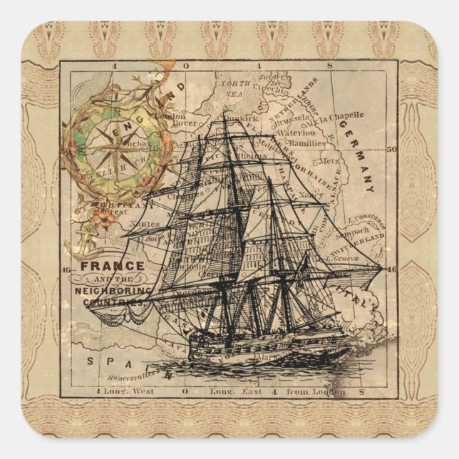 Adesivo Quadrado Vintage Ship E Map Square Sticker (Frente)