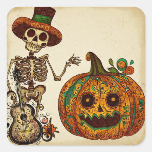Adesivo Quadrado Vintage Skeleton/Pumpkin Day of the Dead (Dia de P