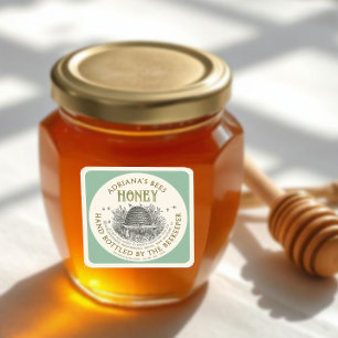 Adesivo Quadrado Vintage Skep Honey Label em Verde Pálido