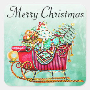 Adesivo Quadrado Vintage Sled ou Sleigh com presentes e árvore de 