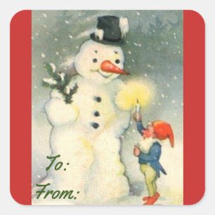 Adesivo Quadrado Vintage Snowman Gift Tag Sticker