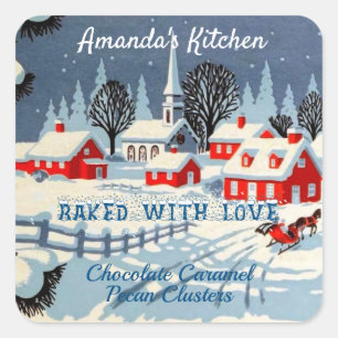 Adesivo Quadrado Vintage Snowy Christmas Red Houses, Igreja