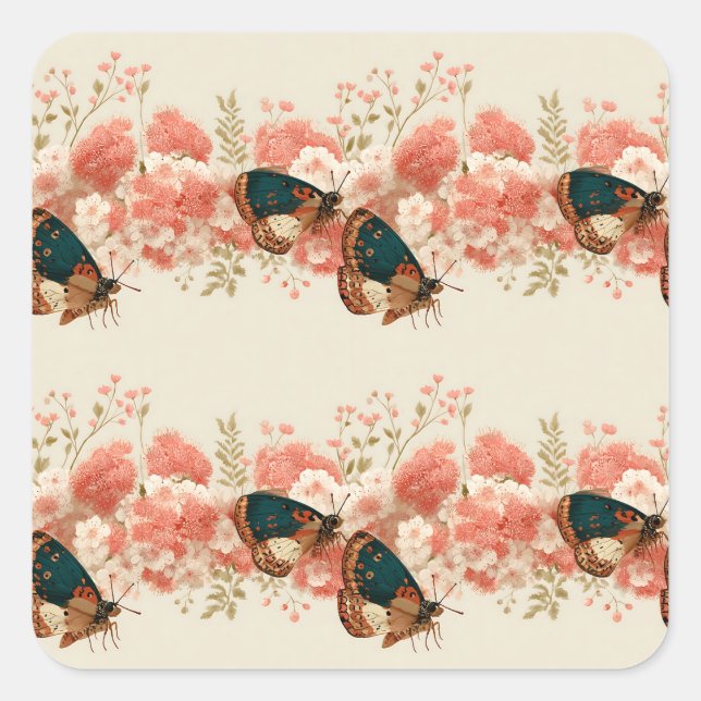 Adesivo Quadrado Vintage Spring Pink Flowers with Butterflies (Frente)