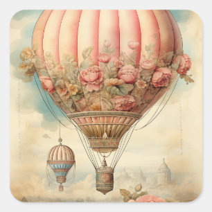 Adesivo Quadrado Vintage Steampunk Pink Floral Hot Air Balloon