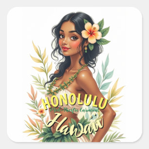 Adesivo Quadrado Vintage Style Hawaii Viagem Honolulu Hula Girl