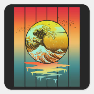 Adesivo Quadrado Vintage Sunset Japonês Wave Ocean