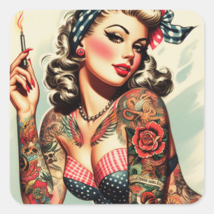 Adesivo Quadrado Vintage Tattoo Old School Pin-up