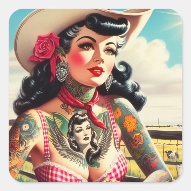 Adesivo Quadrado Vintage Tatuado País Pinup (Frente)