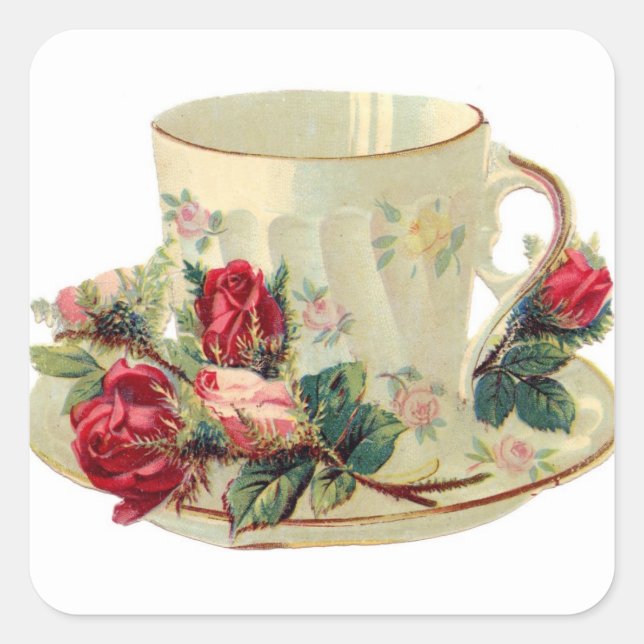 Adesivo Quadrado Vintage Teacup e Rosa Sticker (Frente)