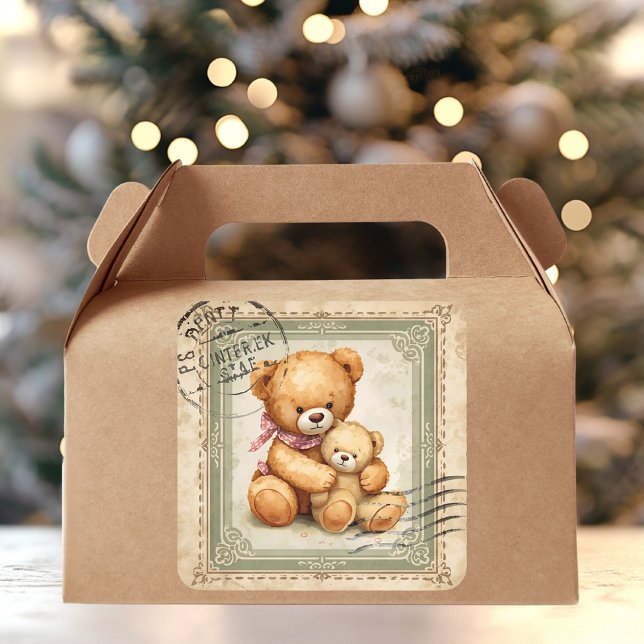 Adesivo Quadrado Vintage Teddy Bear Hug Postage Stamp  (Criador carregado)
