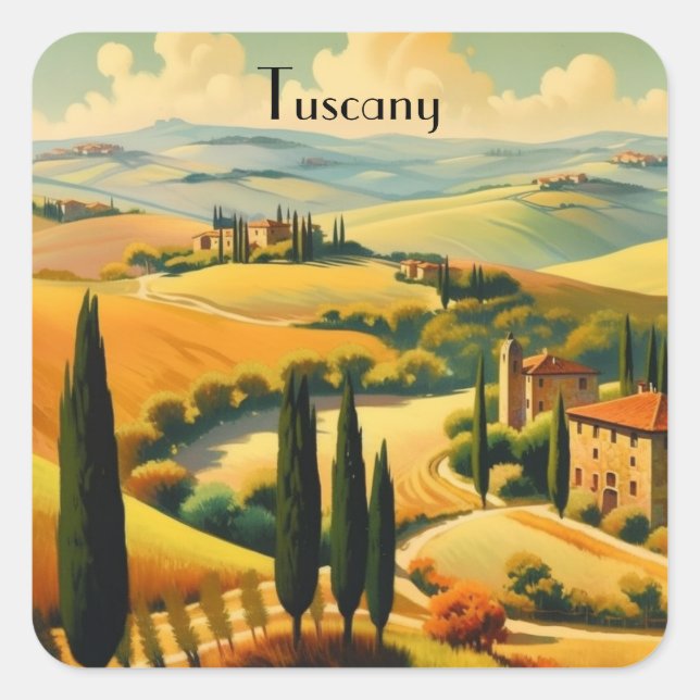 Adesivo Quadrado Vintage Travel Poster Tuscany, customizable (Frente)