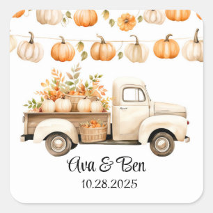 Adesivo Quadrado Vintage Truck com Pumpkins Wedding