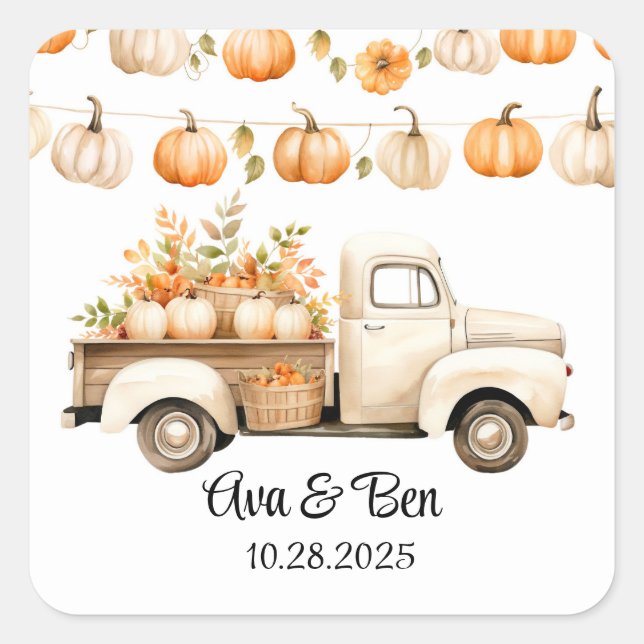 Adesivo Quadrado Vintage Truck com Pumpkins Wedding (Frente)