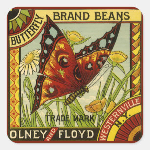 Adesivo Quadrado Vintage Vegetal Label Art, Borboleta Marca Beans
