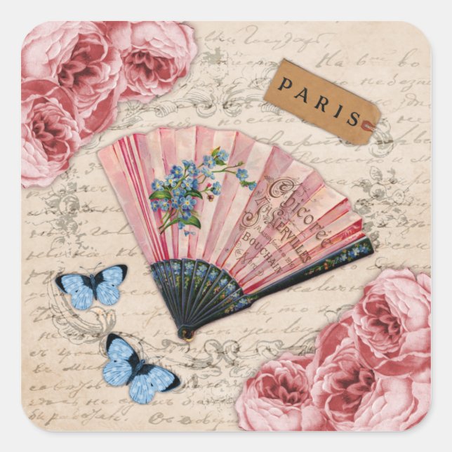 Adesivo Quadrado Vintage - Ventilador Francês Rosa (Frente)