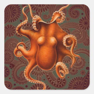 Adesivo Quadrado Vintage vermelho Kraken do cefalópode do polvo