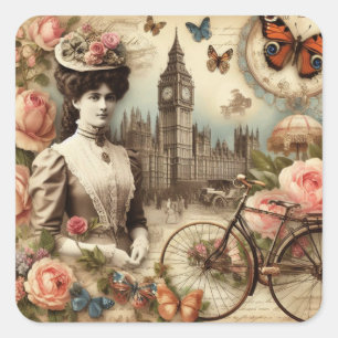 Adesivo Quadrado Vintage Victorian Lady and Bicycle Collage