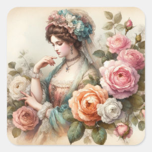 Adesivo Quadrado Vintage Victorian Lady e Rosa aquarela