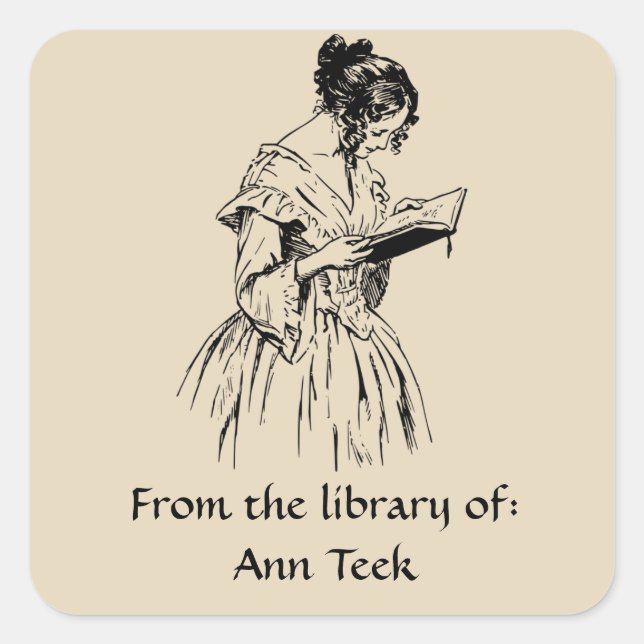 Adesivo Quadrado Vintage Victorian Lady Reading Bookplate (Frente)