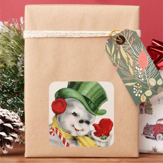 Adesivo Quadrado Vintage Vintage Snowman - Vinheta de Natal (Feriado)