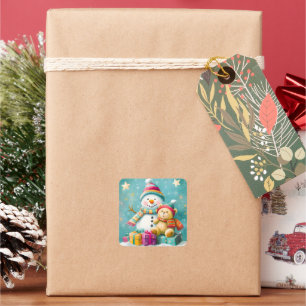 Adesivo Quadrado Vintage Watercolor Bear Snowman Alegria de Natal