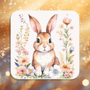 Adesivo Quadrado Vintage Watercolor Páscoa Bunny Rabbit