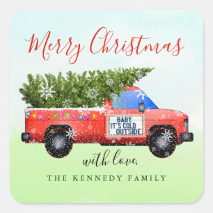 Adesivo Quadrado Vintage Watercolor Red Christmas Truck Family