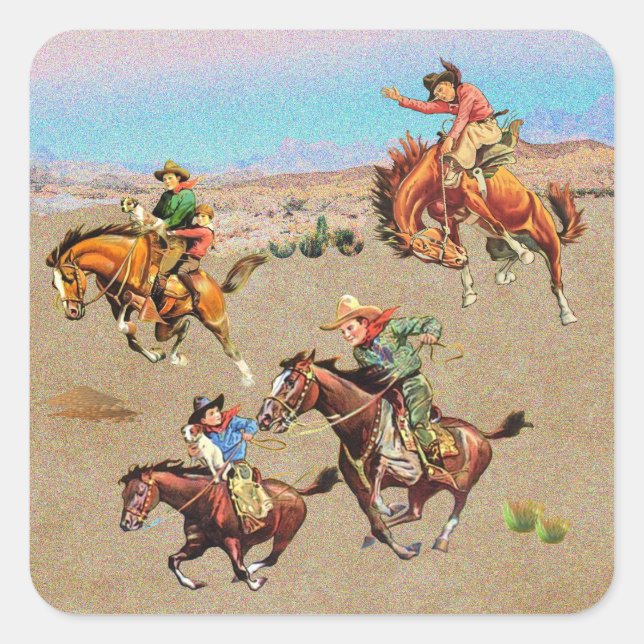 Adesivo Quadrado Vintage Western Cowboy Kids em Cavalos (Frente)