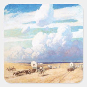 Adesivo Quadrado Vintage Western Cowboys, Vagões Cobertos por Wyet