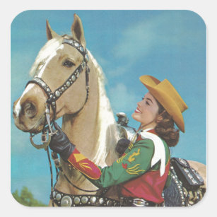 Adesivo Quadrado Vintage Western Cowgirl e Palomino Horse