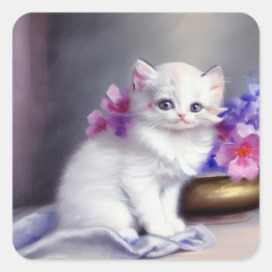 Adesivo Quadrado Vintage White Kitten com Flores Rosa e Púrpura