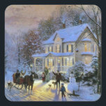 Adesivo Quadrado Vintage Winter Town Christmas<br><div class="desc">Vintage Winter Town Christmas tree com trenó de cavalo</div>