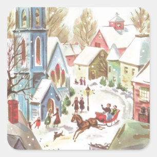 Adesivo Quadrado Vintage Winter Village Scense