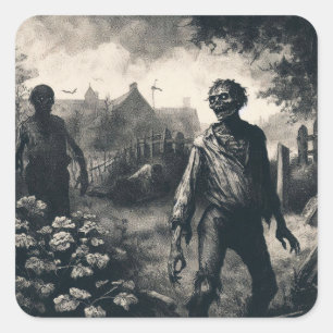 Adesivo Quadrado Vintage Zombie Etching Horror Spooky Unmorto