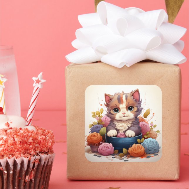 Adesivo Quadrado Vintagem de gato bonito (Festa)